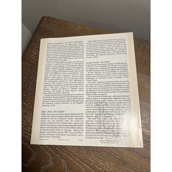 Inoclay Studios Love Sonnets Of Shakespeare‎ "Shall I Compare Thee" Bradex 4080D - Picture 13 of 15